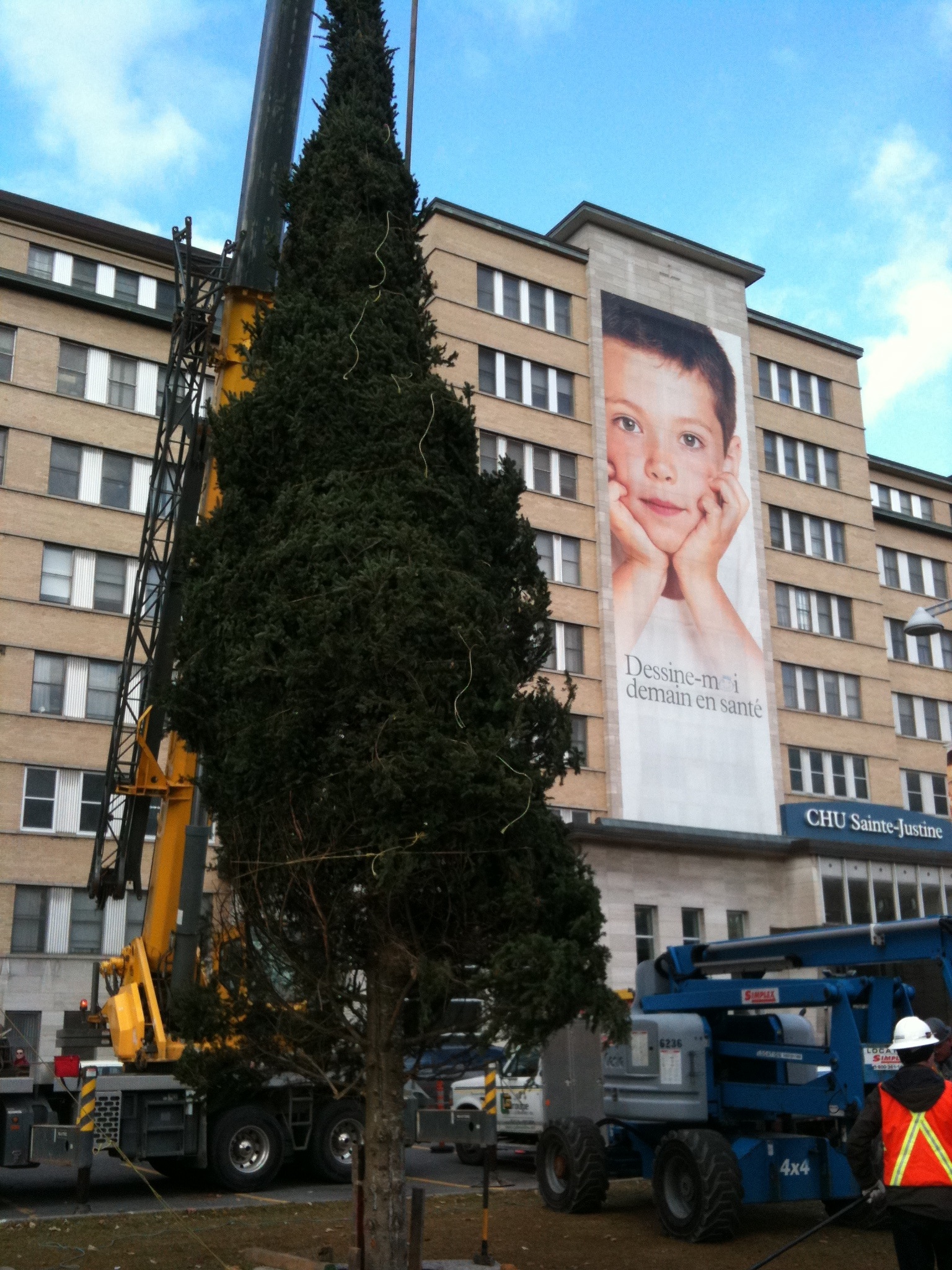 sapin_devant_hopital Sainte-Justine Arrivée du Grand sapin devant Sainte-Justine
